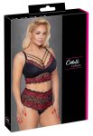 Cottelli Curves 2XL – czarny komplet koronkowy z wysokimi stringami i ozdobnymi paskami