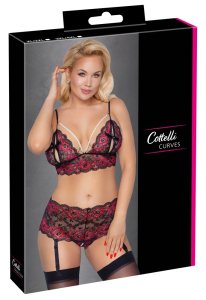 Cottelli CURVES komplet XL/2XL – koronkowy zestaw z perłowym akcentem i wyjmowanymi szelkami