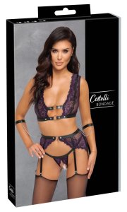 Cottelli Bondage M – fioletowy komplet koronkowy z pasem do pończoch, stringami ouvert i mankietami