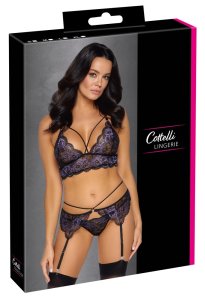 Cottelli Lingerie L – czarno-fioletowy komplet koronkowy braletka, pas do pończoch, stringi