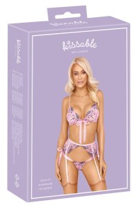 Kissable 3-częściowy komplet L/XL – kwiatowy haft, pas do pończoch i stringi rożowe