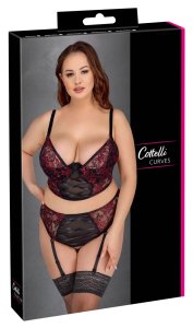 Cottelli Curves komplet koronkowy czarno-czerwony 85C/L longline z podwyższeniem i szelkami