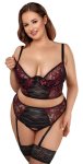 Cottelli Curves komplet koronkowy czarno-czerwony 95D/2XL longline z wysokimi figami i szelkami