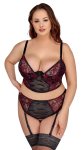 Cottelli Curves komplet koronkowy czarno-czerwony 2XL 95E z satynowym wiązaniem i szelkami