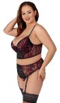 Cottelli Curves komplet koronkowy czarno-czerwony 2XL 95E z satynowym wiązaniem i szelkami