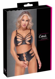 Cottelli Lingerie komplet matowy biustonosz i wysokie majtki M czarny z różowym złotem