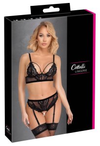 Cottelli Lingerie komplet XL koronkowy biustonosz z pasem do pończoch czarny