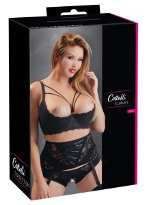 Cottelli Curves biustonosz czarny 85D z dekoracyjnymi paskami i koronką