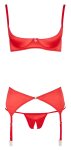 Cottelli Lingerie satynowy 3-częściowy komplet czerwony 80B/M z otwartymi stringami