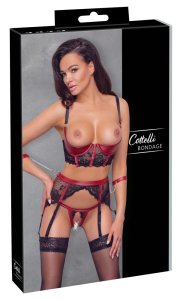 Cottelli Bondage komplet 3-częściowy z koronką, mankietami i pasem do pończoch S