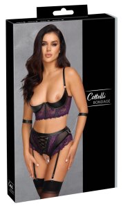 Cottelli Bondage komplet koronkowy fioletowy 85B/L z akcesoriami, paski do pończoch