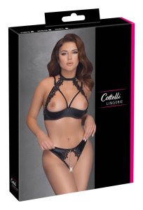 Cottelli LINGERIE komplet z kwiatowym haftem 75B/S czarny, biustonosz i otwarte stringi