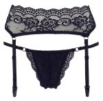 Cottelli Lingerie Komplet koronkowy S czarny: pas do pończoch z regulacją i stringi