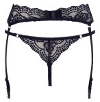 Cottelli Lingerie Komplet koronkowy S czarny: pas do pończoch z regulacją i stringi