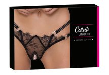Cottelli LINGERIE Stringi koronkowe M/L czarne z dżetami i podwójnym pasem
