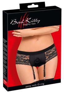 Bad Kitty Strap-On XS z koronką i paskami do pończoch, czarny, mikrofibra, elastyczny pierścień