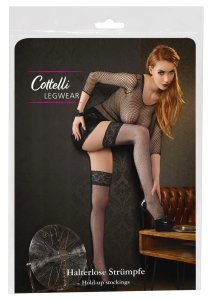 Cottelli Legwear Pończochy kabaretki czarne z szeroką koronką i silikonem 10 cm