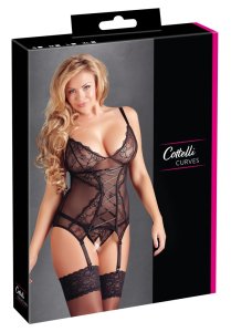 Cottelli Curves 4XL – Czarna koszulka koronkowa z otwartymi stringami, regulowane paski