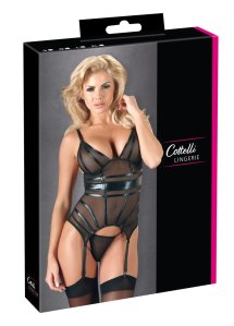 Cottelli Lingerie XL – Koszulka siatkowa z paskami wetlook i stringami, czarna, regulowane elementy
