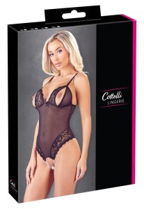 Cottelli Lingerie Body siateczkowe XL czarne z koronką, otwarty krok i perłowe aplikacje
