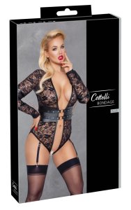 Cottelli Bondage Body koronkowe 3XL czarne z mankietami na ręce i matową wstawką