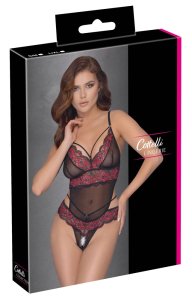 Cottelli Lingerie Body dwukolorowa koronka kwiatowa S/M z regulacją i otwartym krokiem