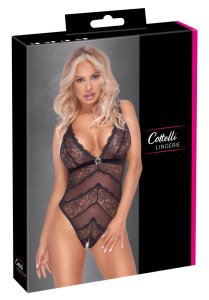 Cottelli LINGERIE Body czarne M kwiatowa koronka, elastyczne i otwarte bez krocza