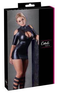 Cottelli PARTY Mini Sukienka Czarna S Wet Look Stójka Krótkie Rękawy