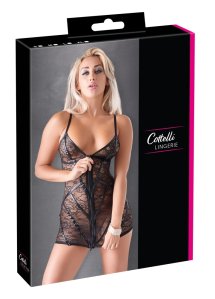 Cottelli Lingerie sukienka czarna L, koronka z wet look, dwukierunkowy zamek, regulowane ramiączka