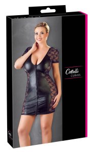 Cottelli Curves sukienka 4XL czarna, krótki rękaw, suwak z przodu, koronkowe boki