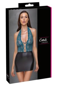 Cottelli LINGERIE sukienka matowa XL czarno-zielona z koronką i ozdobnymi kołkami