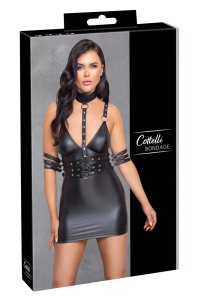 Cottelli Bondage sukienka matowa czarna L z mankietami, kołnierzem i paskami