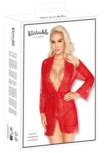 Kissable Szlafrok Koronkowy Czerwony S/M z Złotą Nitką i Satynowym Paskiem Kimono