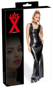 LateX Sukienka Maxi Taliowana Czarna, Naturalny Lateks L, Symetryczny Dekolt