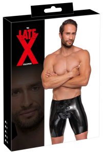LateX Spodenki lateksowe czarne S, zamek błyskawiczny z przodu, dłuższa nogawka