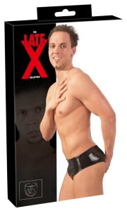 Late X Slipy lateksowe czarne M/L z anatomicznym elementem 14 cm, błyszcząca powierzchnia