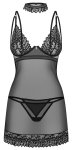 Obsessive Donarella komplet koszulka, stringi i choker XS/S czarny – tiul, haft, regulacja