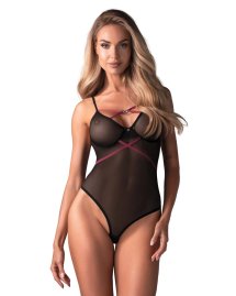 Obsessive Novenes Body XL/2XL – czarne body półprzezroczyste z różowymi paskami