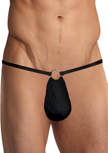 Male Power Nylon Spandex G-String elastyczny czarny z kieszonką i O-ringami