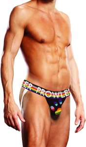 Prowler Jockstrap Progress Pride XS czarny z paskami, otwarty tył, kieszonka