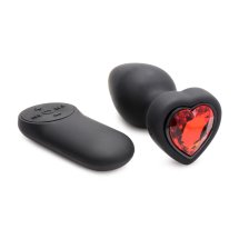 XR Brands Red Heart Gem mini silikonowy korek z pilotem LED, czarny z czerwonym kryształem