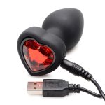 XR Brands Red Heart Gem mini silikonowy korek z pilotem LED, czarny z czerwonym kryształem