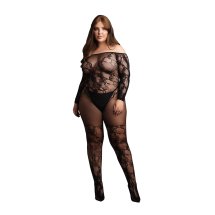Le Desir Bodystocking Plus Size XL-4XL czarny, siateczka z koronką, otwarty krok