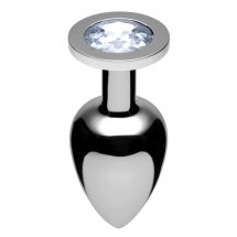 XR Brands Plug chromowany z ozdobą kryształową, mały, srebrny – anatomiczny, gładka powierzchnia