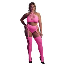 Ouch! Neon Body dwuczęściowe z topem i pończochami XL-XXXXL, rożowe, UV aktywowany