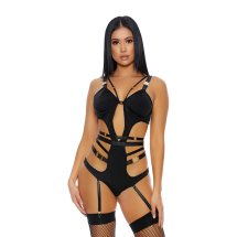 We Click S Forplay body czarne z paskami do pończoch, złote okucia, rozmiar M/L