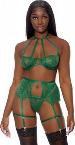 Body Full Bloom XL Forplay – Trzyczęściowy komplet koronkowy z fiszbinami i pasem do pończoch