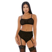 Forplay Lustful Leopard komplet bielizny XL, siateczka, paski do pończoch, motyw panterki