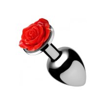 XR Brands Rosebud Plug Medium – aluminiowy korek z czarną rożą, średni